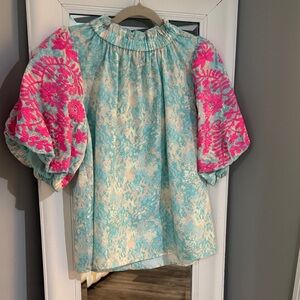 THML Blue and Cream Blouse with Pink Puff Sleeves and button detail in back